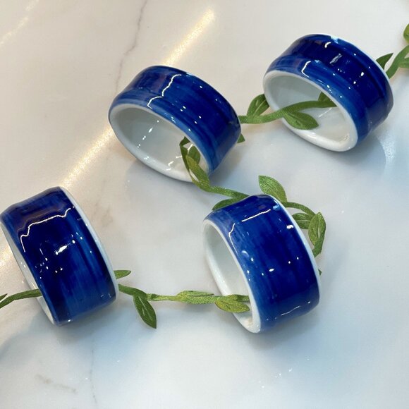 4 Glazed Ceramic Cobalt Blue Napkin Rings - Picture 1 of 10